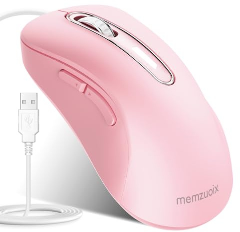 memzuoix Ratón USB con Cable – Ratón Óptico de 1400 dpi, 5 Botones, Diseño Ergonómico con Cable de 1,5m – para Ordenador, Laptop, PC, Mac (Rosa)