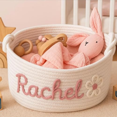 BFBZYME Panier Cadeau Personnalisé Pour Bébé, Panier De Naissance En Coton Avec Nom Personnalisé Pour Garçon Ou Fille, Rangement Pour Jouets, Cadeau Pour Nouveau-né, Décoration Pour Chambre D'enfant