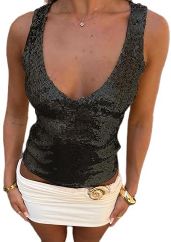 Lshyuehao Sequin Tank Tops for Women Sparkly Deep V Neck Sleeveless Crop Top Sexy Glitter Club Party Shirt Cami Vest (A-Black, S)