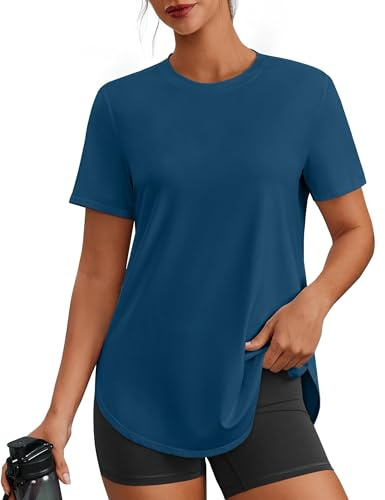 PINSPARK Camiseta deportiva de manga corta con cuello redondo para mujer, camiseta funcional para senderismo y correr