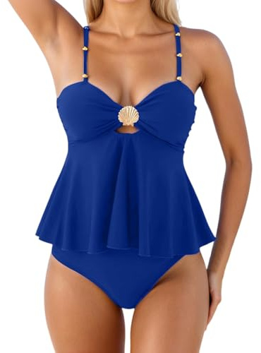Eauptffy Costume Da Bagno Da Donna, Set Tankini Mare 2 Pezzi, Scollo A V, Coppia Con Ferretto E Boyshort, Push Up Sexy Estivo, Taglia L, Colore O Blu