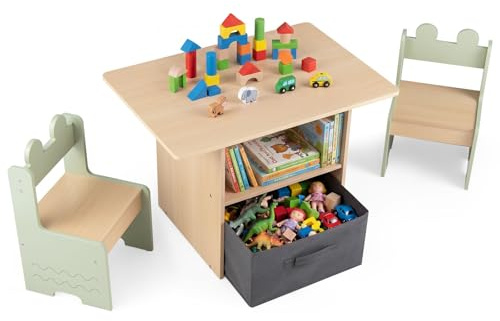 COSTWAY Kids Table and Chairs, Wooden Toddler Activity Desk Set with 2 Open Compartments & Fabric Drawer, 3 PCS Children Furniture Set for Learning Drawing Eating (Natural + Green)