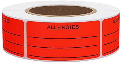 Hylabelest Allergies Sticker Fluorescent Allergy Stickers 1x2 Inch Write on Warning Label Total 500 Per Roll (Fluorescent Red)
