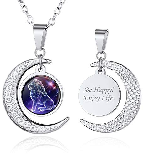 Custom4U Collier Prénom Personnalisé Signe Astrologique Lion,Pendentif Lune Signe Zodiaque Personnalisable avec Chaîne Réglable 50+5cm,12 Constellations Bijoux Cadeau Femme Anniversaire