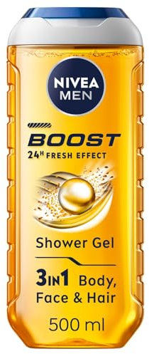 NIVEA MEN BOOST Shower Gel (500 ml), Moisturising 3-in-1 Body Wash for Men with Naturally Sourced Caffeine, Revitalising NIVEA MEN Shower Gel