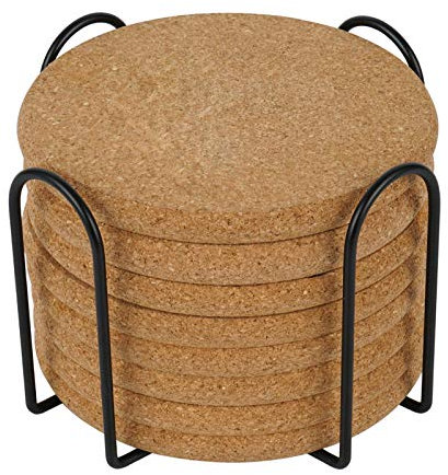 8 Pcs Drink Coasters with Holder, Thicker Cork Coasters for Drinks Absorbent for Coffee Table Wooden Coaster Set Tabletop Protection Cup Mat Bar Kitchen Living Room House Home Decor Housewarming Gift