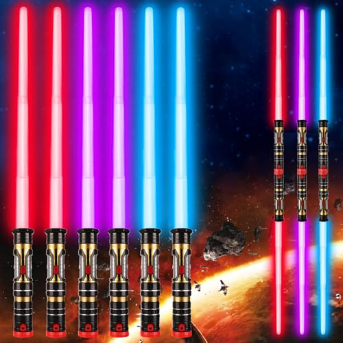 6 Pack Light up Sword Saber with FX Sounds (Motion-Sensitive) and Retractable Handle, 2-in-1 Dual Saber 3 Colors Led Glow in the Dark Dueling Sword for Kid Adult, Galaxy War Party, Halloween Cosplay