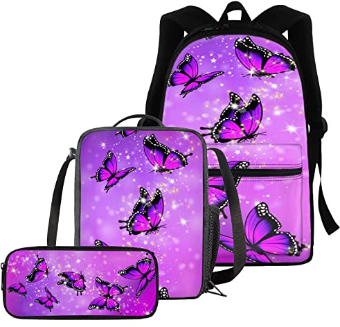 chaqlin Sac à Dos Papillons en Cristal pour l'école, Sacs d'école de 16 Pouces Cartables pour Enfants, Ensemble de 3 Pcs Dames Filles Sac à Dos Thermique Lunchbox, Trousse à Crayons