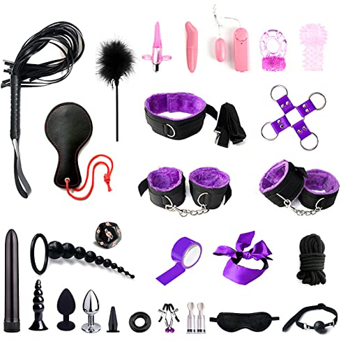 BDSMYOU Sex Toys Bondage Set 28 pezzi,Manette per Coppia,Plug Anale Butt Plug Vibratore,Frustino Bondagerie,Morsetti per Capezzoli,Choker,Ball Gag,Toys Sessuali per Donna Uomini (Viola)