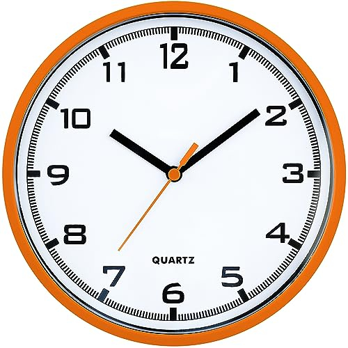 MPM Quality Design Wanduhr, Moderne Uhr, Wand-Deko aus Kunststoff, Orange/Weiß, Quarz-Schrittmotor, das ideale Accessoire für jeden Raum im Haus: Wohnzimmer, Schlafzimmer, Küche, Büro, Größe: ∅ 200 mm