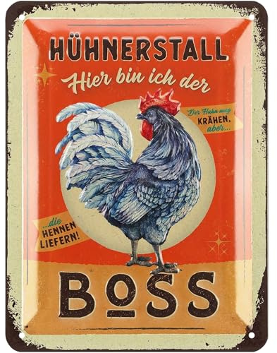 LANOLU Cartel de chapa retro con texto en alemán Jefe - Hollinero - Accesorios para gallineros, divertidos carteles con refranes, vintage de metal, decoración para el gallinero, jardín como
