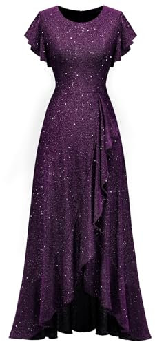 Berylove Women's Sequins Formal Party Dresses Flutter Short Sleeve Wedding Dresses Long Evening Gowns Sparkling Prom Dresses Purple