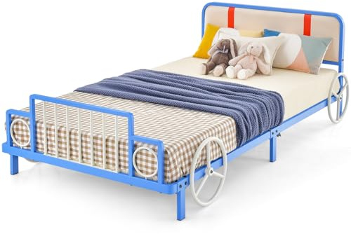 GYMAX Single Kids Bed, Children Platform Bed with Upholstered Headboard & Footboard, Toddler Bed Frame for Girls Boys(Blue Train Shape，203 x 98 x 68cm), GY10504