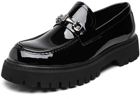 Boaobaihuo Mocasines de charol con plataforma para hombre, zapatos de tacón bajo, puntera redonda, antideslizantes, para negocios, bodas, Negro brillante, 44 EU