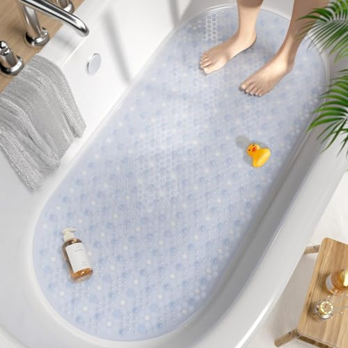 HITSLAM Oval Bath Mat Non Slip Anti Mould Kids Shower Mat, 88x40cm, Clear | Bubble Texture Bathtub Mat, Strong Suction Cups, Drain Holes, Soft On Feet, Machine Washable, Dedicated Safety For Children
