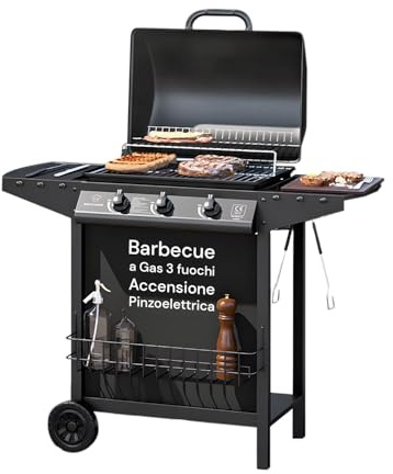 Avilia Barbecue a Gas 3 Fuochi Thomas – BBQ da Esterno in Acciaio Nero con Griglia Inox, Termometro, Cappa, Accensione Piezoelettrica e Ruote, Barbecue a Gas Esterno Compatto e Potente