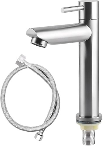 DEANKENJI Acero Inoxidable Grifos para Lavabos de Baño, Grifo de Lavabo con Manguera de Grifo de 1 Metro, Grifo de Baño Individual de Agua Fría, Mezclador de Lavabo para Cocinas, Hoteles y Baños