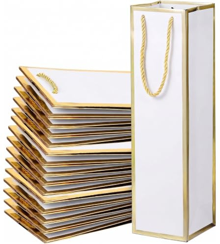 WYIPOLZI 20 PCS White Gold Wine Gift Bags with Handles - 9.8x10x35cm Heavyweight Paper Bottle Bags for Wedding, Christmas, Elegant Party Favors & Bulk Gifting