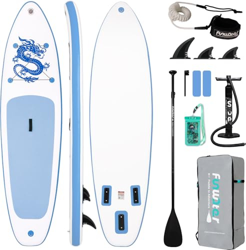 FunWater Aufblasbares Stand Up Padding Board, Ultra-Leicht SUP Board Zubehör: Verstellbares Paddel, Pumpe, Rucksack, Leash, Finnen – Für alle Könnerstufen