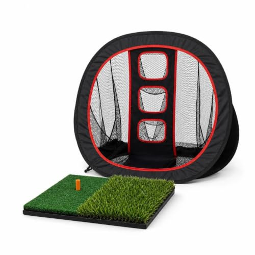 FytStycale Cible Chipping Golf Filet Réception Balles Portable Bordure Rouge, Filet Carré Double Face Noir Et Rouge + Tapis De Frappe en Herbe Longue Et Courte De 30 30cm
