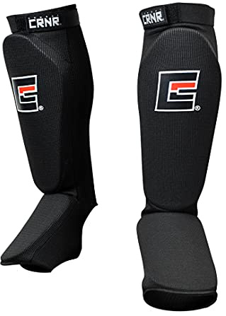 Combat Corner Slip On Elastic Muay Thai Shin Guards – Kickboxing, MMA Sparring and Training Protective Instep Shin Pads (Black)