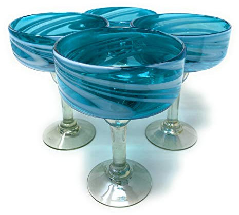Dos Sueños Mexican Hand Blown Glass – Set of 4 Hand Blown Margarita Glasses Aqua Swirl (16 oz)