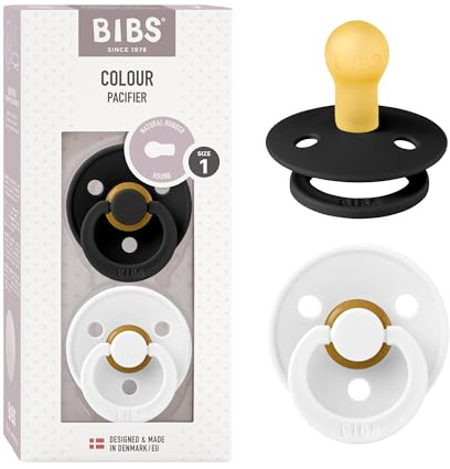 BIBS Colour Soother 2-Pack, BPA Free Dummy Pacifier, Round Nipple. Natural Rubber Latex, Size 1 (0-6 Months), Black/White