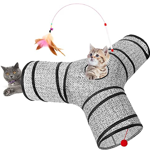 Tempcore Cat Tunnel, 3-Way Collapsible Toy for Indoor Cats, Grey Coin