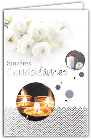 Afie 64-1062 Tarjeta Sinceras Condolencias Gris Plateado Brillante Muerte Lujo Velas Flores Rosas Blancas Hecho en Francia