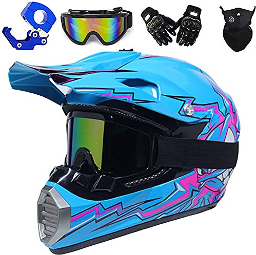QYTK Full Face MTB Helm, Motocross Cross Helm für Enduro Downhill MX Mountainbike ATV Junge Motorradhelm Zubehör mit Brille Maske Handschuhe Helmhaken Blau,L(56-57CM)