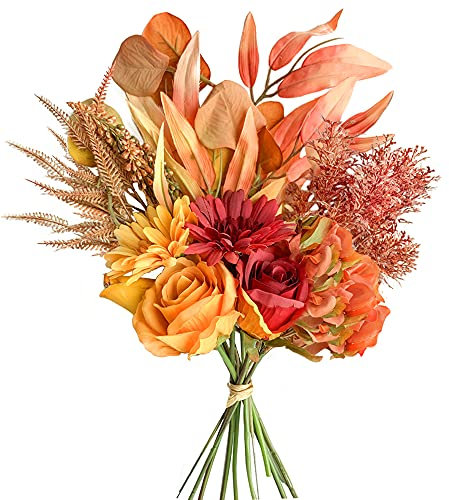 KIRIFLY Artificial Fake Flowers Plants Silk Flower Arrangements Wedding Bouquets Decorations Plastic Floral Table Centerpieces for Home Kitchen Garden Party Décor (Autumn red)