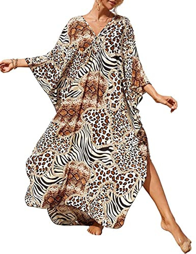 Bsubseach Long Half Sleeve Kaftan for Women Plus Size V Neck Swimsuit Coverups Summer Beach Dress Zebra Leopard