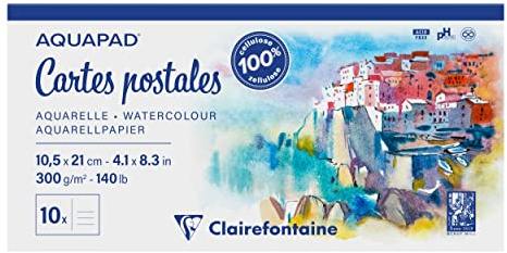 Clairefontaine 975955C - One Aquapad Postcard Pad - 20 Sheets of Medium-Grain White Watercolour Paper 10.5x21 cm 300g - Ideal for Globetrotting Artists