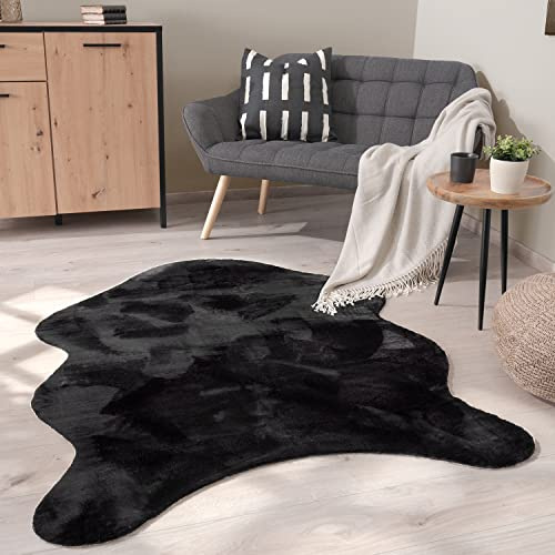 Paco Home Waschbarer Teppich Wohnzimmer Schlafzimmer Kurzflor rutschfest Modern Flauschiger Fellteppich Fell Imitat Kunstfell, Grösse:120x160 cm Fell-Form, Farbe:Schwarz