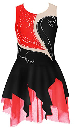 TiaoBug Vestito da Pattinaggio Artistico Bambina Balletto Leotards Body Danza Classica Ginnastica Artistica con Strass Abito da Balletto Ballo Latino Americano per 6-16 Anni Nero&Rosso 13-14 anni