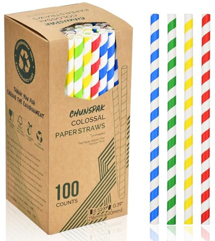Paquete de 100 pajitas de papel de 216 x 10 mm de ancho, tiras de colores, para batidos y batidos, papel de 4 capas, resistente, dura al menos una hora