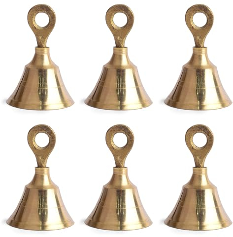 Satvik Brass Bell Set of 6 Indian Hanging Decor for Pooja Mandir Temple Home Christmas Bells Decoration Tree Craft Traditional Spiritual Brassware Creates Festive Ambience for Prayer Gifting