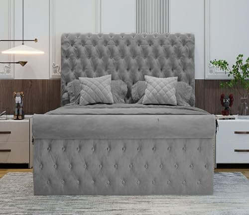 Steel Grey Plush Velvet Ottoman Bed Frame & Chesterfield Scroll Headboard | Sleigh Bed with Ottoman storage (Grey, 5FT King Size)