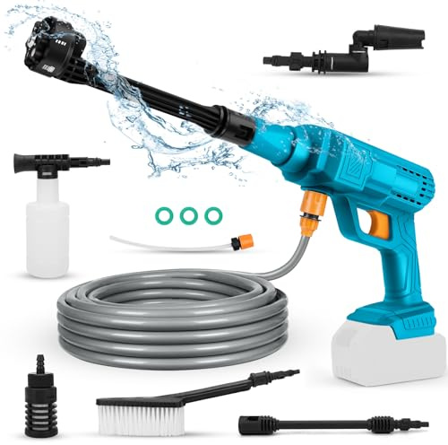 Akku Hochdruckreiniger kompatibel mit Makita 18V Akku, 40bar Mobiler Hochdruckreiniger Pistole mit Verstellbar Winkeln 6-IN-1 Düse 5m Schlauch für Auto, Haus, Rasen, Garten