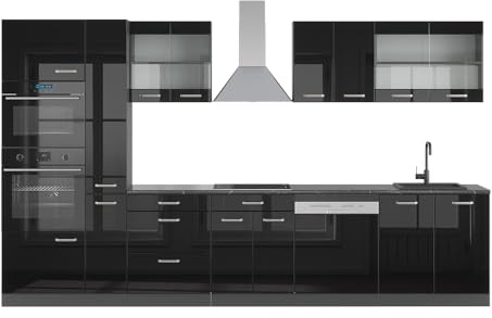 Vicco Küchenzeile R-Line, Schwarz Hochglanz/Anthrazit, 350 cm mit Hochschrank, AP Anthrazit, zur flexiblen Erweiterung durch zusätzliche Module geeignet