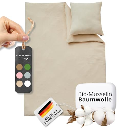 ALAVYA HOME® Kinderbettwäsche 100x135 2 teilig | ÖkoTex Zertifiziert & für Allergiker geeignet | Musselin Bettwäsche Kinder Set mit je 1 Bettbezügen 135 x 100 & 1 Kissenbezügen 40x60 | Beige