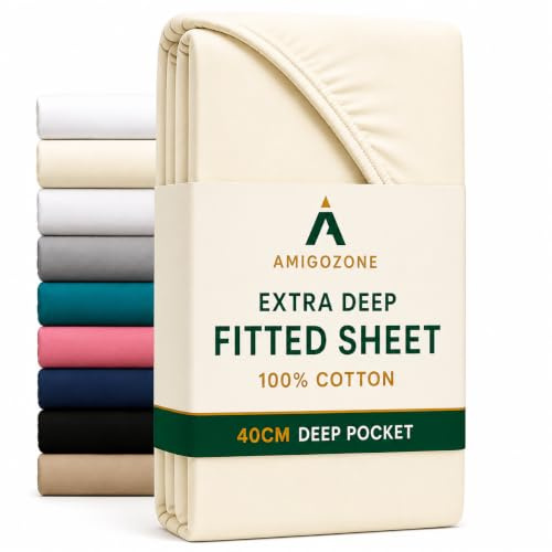 16(40cm) Extra Deep Fitted Sheet100% Cotton 200 Thread Count Fitted Sheet (Cream, Double)