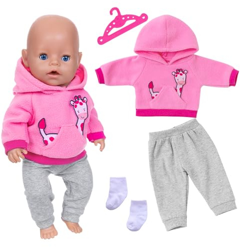 Baby Doll Clothes for 14-18 Inch Doll, Girls Boy Dolls Outfits Giraffe Hoodie + Grey Trousers + Socks + Hanger, Sweet Outfits Compatible with New Born 35-45 cm Doll, Doll Clothes Accessories Christmas