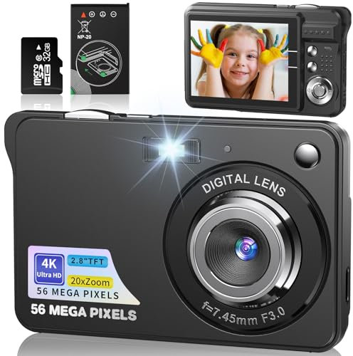 4K Digitalkamera 56MP Fotokamera mit Autofokus 20X Digitalzoom Fotoapparat Tragbare Kompaktkamera mit 32GB SD-Karte für Kinder Teenager Anfänger Geschenk (Schwarz)