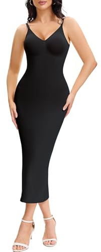 ciksob Shapewear underklänning djup v-ringad magkontroll lång full slip klänningar för kvinnor sömlös kroppsformare, Svart, XL