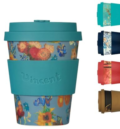 Ecoffee Cup 12oz 350ml Van Gogh Collection Reusable Eco-Friendly 100% Plant Based Coffee Cup with Silicone Lid & Sleeve - Melamine Free Dishwasher/Microwave Safe Travel Mug (Flowers)