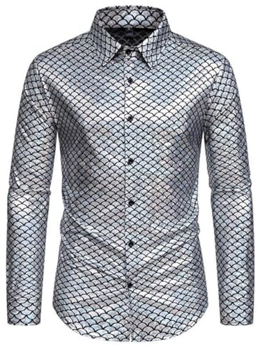 Men's Shiny Fish Scale Shirt Long Sleeve Metallic Button Down Party Shirts