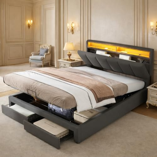 BIYFSDS -Cama 140x190 con Almacenaje Hidráulica y 2 Cajones, Cama tapizada LED, Camas Matrimoniales con Cabecero LED y Soporte de Láminas de Madera, Camas Juveniles, Sin Colchón