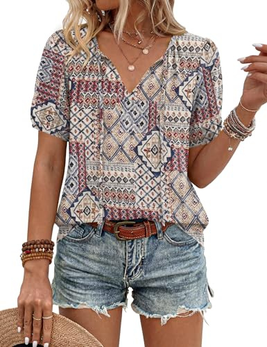 Rapbin Womens Tops Summer Short Sleeve Boho V-Neck Flowy Dressy Tunic Trendy Fashion Casual Clothes Ladies Blouses Boho XL
