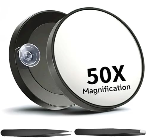 EujRcf Magnifying Mirror 50x, Small Magnifying Mirror with Suction Cups and Precision Tweezers, Compact Portable Magnifier for Detailed Makeup Application and Eyebrow Shaping, 8.8 Cm Diameter